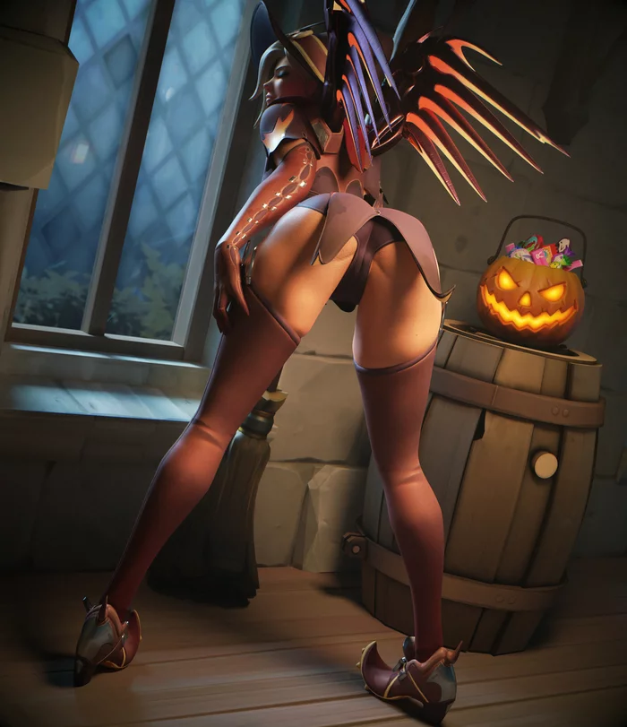 Witch Mercy - NSFW, Эротика, Арт, Mercy, Overwatch, Overwatch 2, 3D, Панцу, Тыква, Хэллоуин, Ведьмы