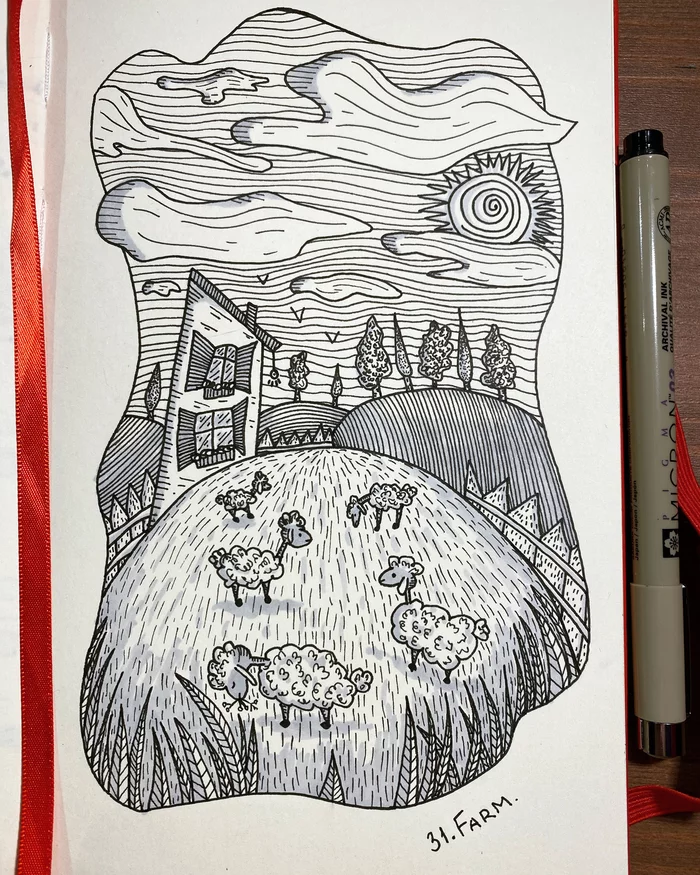 Day 31 Farm. Inktober 2022. Finish - My, Inktober, Ink, Art, Illustrations, Drawing, Liner