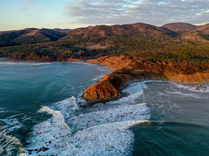 Cape Sharp (Sakhalin) - My, The photo, Sakhalin, Nature, Quadcopter, Drone, Aerial photography, Sea, Sea of ??Okhotsk, dawn, Sunrises and sunsets, Coast