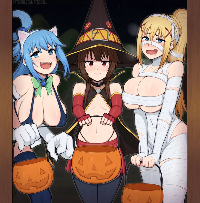 Сладость или гадость? - NSFW, Аниме, Anime Art, Konosuba, Aqua, Darkness, Megumin, Хэллоуин, Костюм на Хэллоуин, Сиськи, Чокер, Рисованная эротика, Эротика