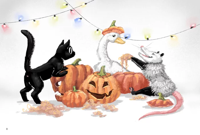 Pumpkins! - My, Painting, Inktober, Artist, Drawing, Art, Halloween, Opossum, cat, Гусь