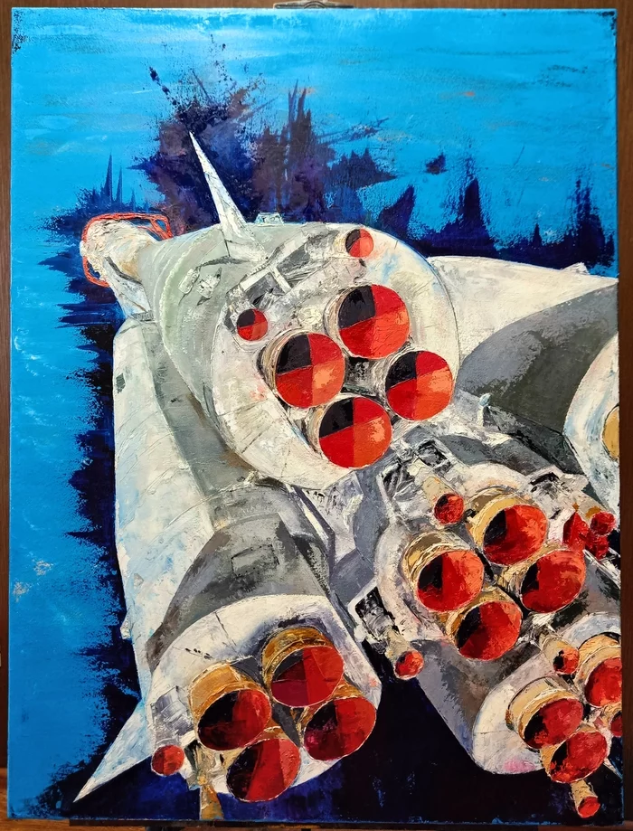 Launch vehicle Vostok oil on canvas palette knife 60x80 cm - My, Oil painting, Canvas, Butter, Palette knife, Rocket, Art