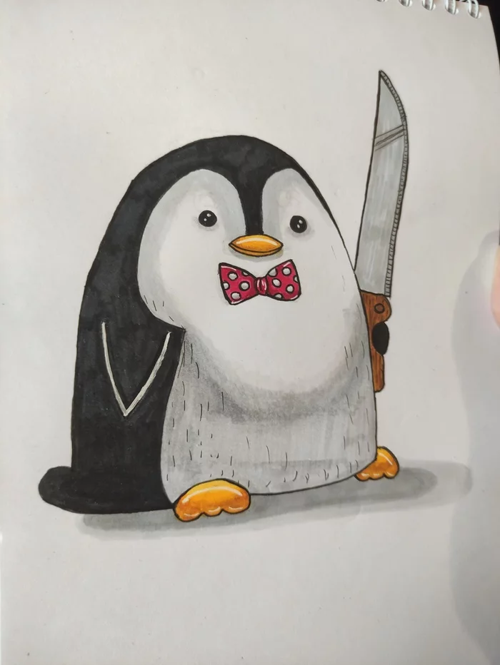 Penguin and.... Knife! - My, Drawing, Cartoons, Sketch, Penguins, Humor