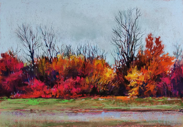 autumn road - My, Landscape, Painting, Artist, Painting, Pastel, Cardboard, Speed ??painting, Drawing process, Drawing, Pastel pencils, Pastel painting, cat, Video, Youtube