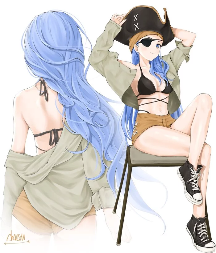 Look I'm a pirate - Drawing, Girls, Colorful hair, Swimsuit, Original character, Minah, Chaesu, Anime art, Art