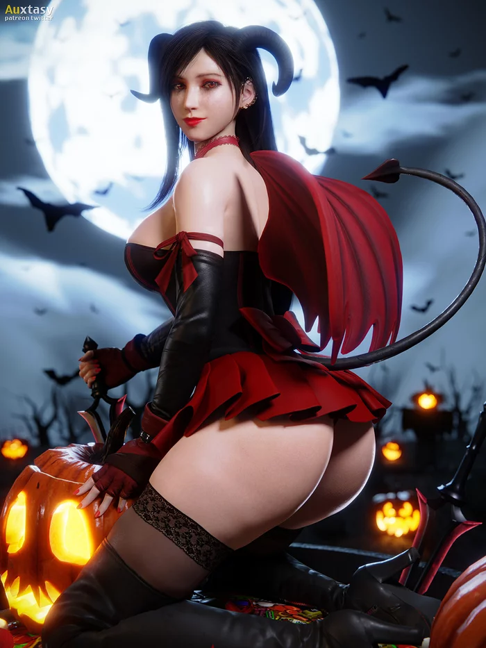 Tifa Lockhart - NSFW, Erotic, Art, Tifa lockhart, Final fantasy vii, 3D, Boobs, Girls, Pumpkin, Halloween, Girl with Horns