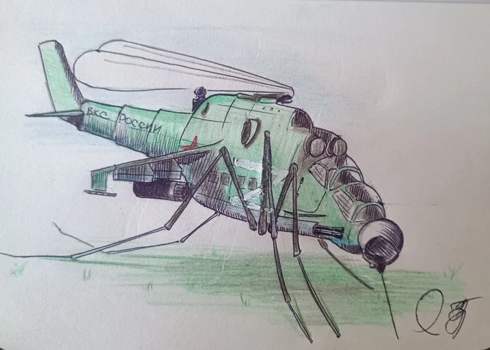 Evil mosquito - My, Mi-24, Mosquitoes, Art, Beginner artist, Sketch, Pencil drawing