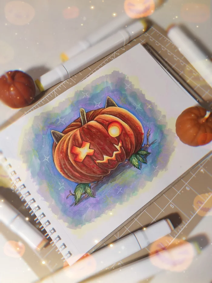 Halloween is over, but the pumpkin remains - My, Creation, Drawing, Painting, Art, Marker, Illustrations, Pumpkin, Halloween, Halloween pumpkin, Holidays, Traditional art, I share, Creative, Colour pencils, Glowing eyes, Sketchbook, Notebook, Fantasy, Demon