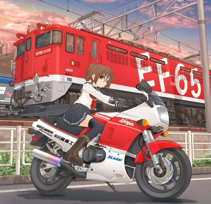 And like in Tarantino films I leave a trail of gasoline... - Art, Anime, Anime art, Diesel Train, Moto, Road, Fantasy