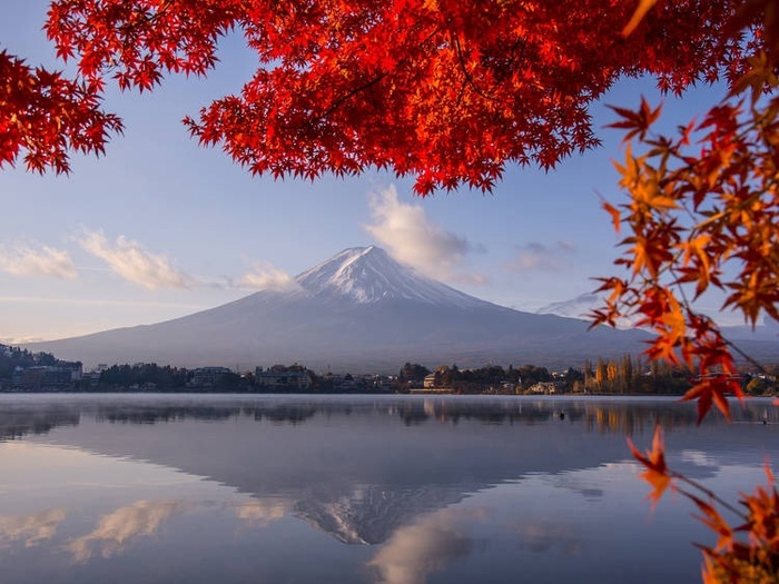 Самое красивое место в Японии Горы, Озеро, Япония, Туман, Фудзияма, Момидзи, Пейзаж
