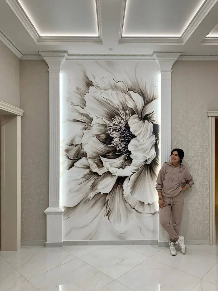 Made the wall bloom - My, Airbrushing, Wall painting, Painting, Artist, Vertical video, Interior Design, Video, Youtube, Longpost, Needlework with process