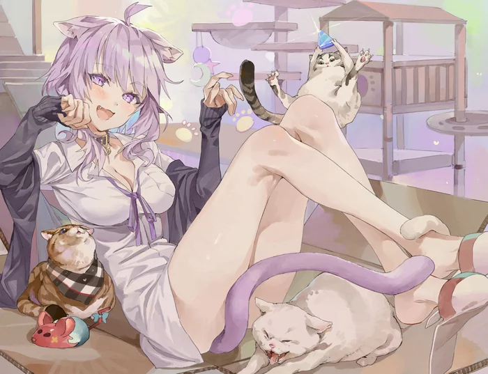 Nekomata Okayu - Anime art, Art, Girls, Anime, Nekomata Okayu, Hololive, Animal ears, Tail, Hong