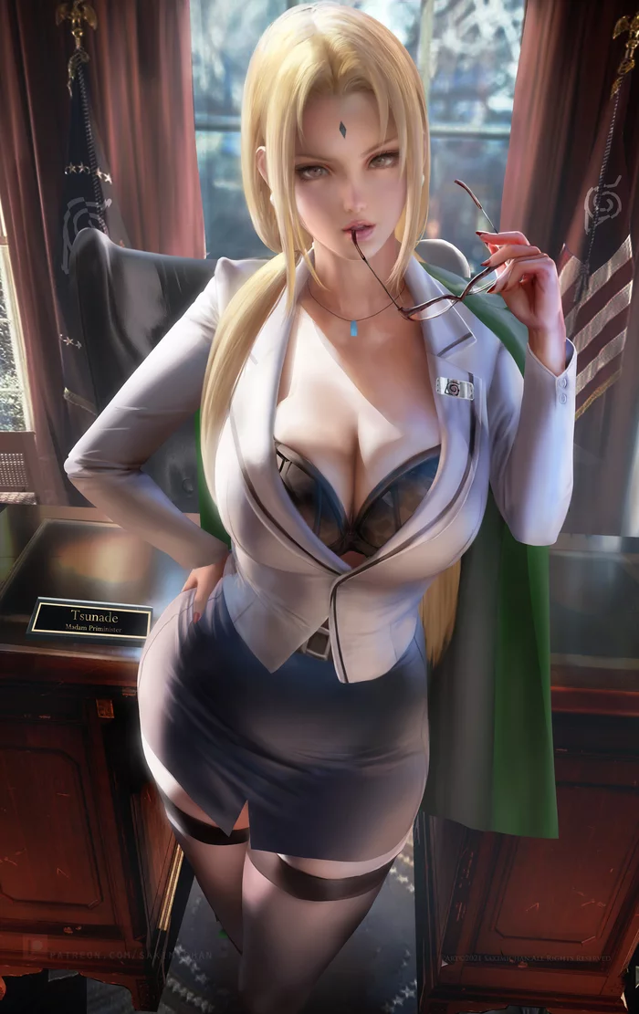 Prime Minister Tsunade - NSFW, Anime, Anime art, Art, Naruto, Tsunade, Sakimichan, Stockings, Hand-drawn erotica, Erotic, Longpost