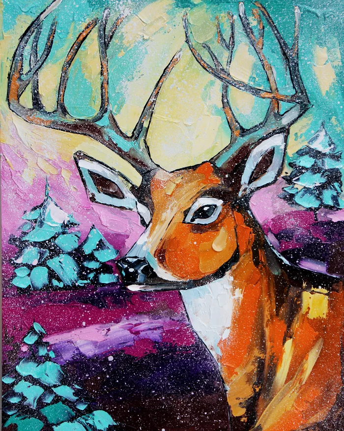 Christmas deer. Oil, hardboard - My, Art, Artist, Modern Art, Painting, Oil painting, Animalistics, Deer, Fairy world, Animals, Wild animals, Christmas, New Year, Longpost