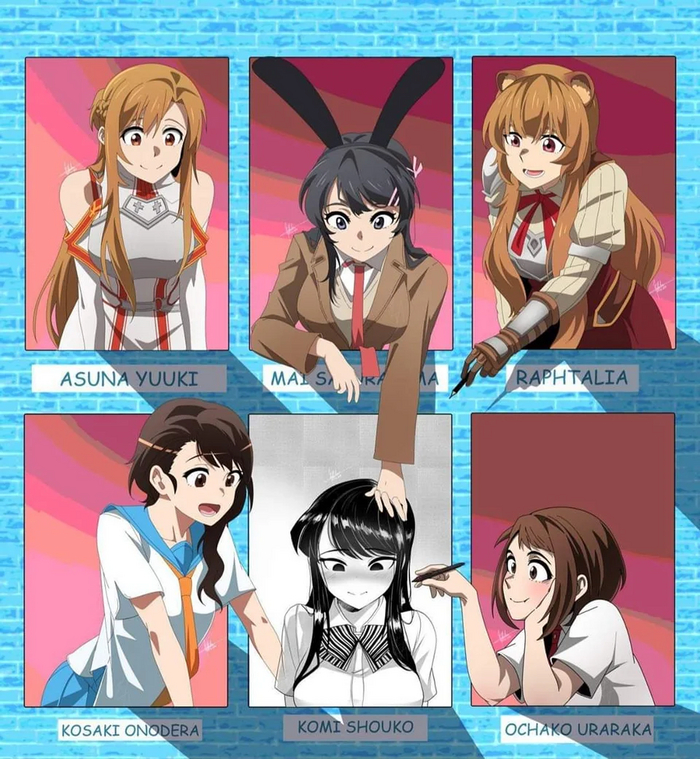 Восхищение самой молчаливой девочкой :3 Аниме, Anime Art, Komi Shuuko, Uraraka Ochako, Onodera kosaki, Yuuki asuna, Raphtalia, Mai Sakurajima