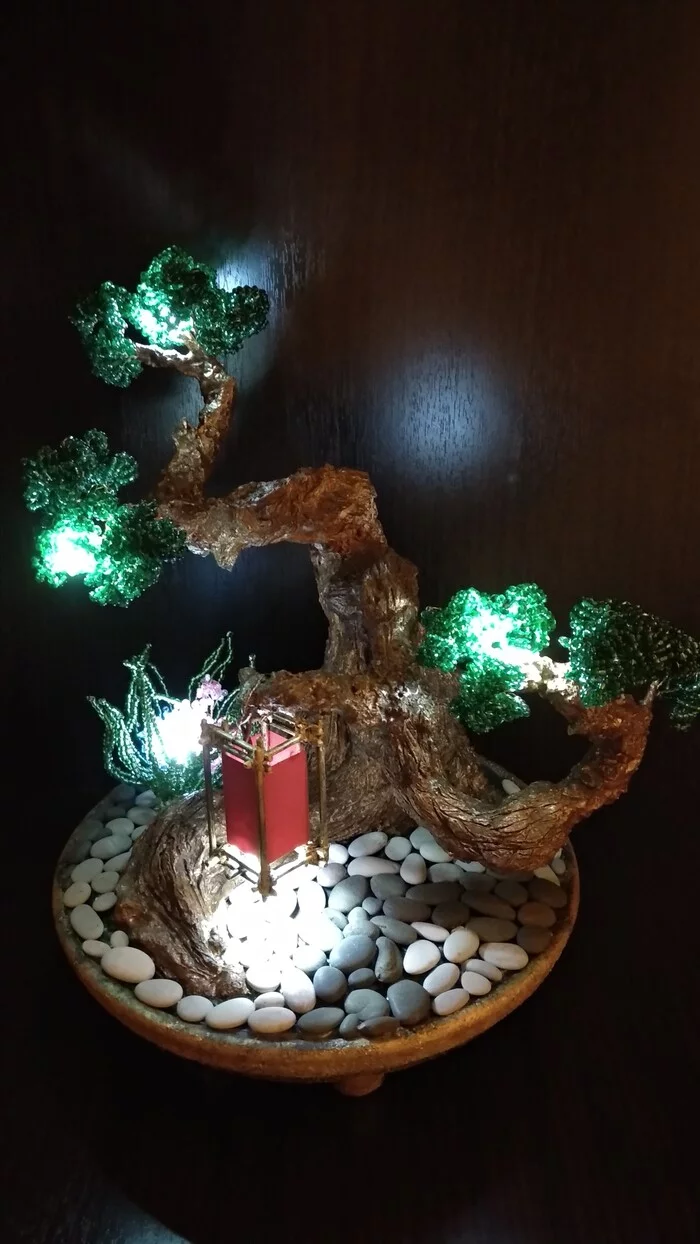 Beaded Bonsai night light - With your own hands, Longpost, Flashlight, Night light, Lamp, Лепка, Gypsum, Bonsai, Beads, Creation, Needlework with process, Needlework, My