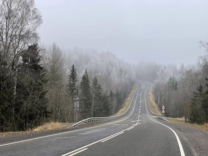 Morning, fog, frost - My, Autumn, Frost, Road, Leningrad region, Sadness, The photo