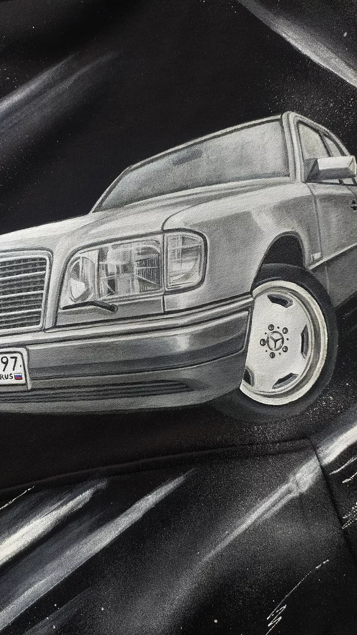 Mercedes Benz-W124 on a sweatshirt. Handmade - My, Mercedes, Mercedes-Benz W124, Mers, Auto, Car, Retro, Painting, Handmade, With your own hands, Painting on fabric, Needlework, sweatshirt, Presents, Longpost