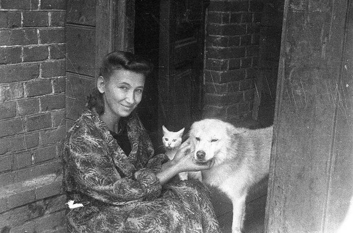 The wife of the commander of the Red Army while relaxing near her house, Vladivostok, 1945 - Old photo, Black and white photo, Vladivostok, 1945, Dog, cat