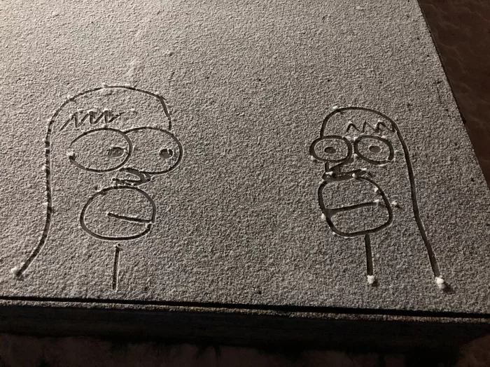 During a walk with my wife under a light snowfall, we decided to draw on the snow-covered podium in memory of Homer Simpson. Here's what came out of it: - My, Homer Simpson, Kripota, Longpost, 2022, Humor, Drawing