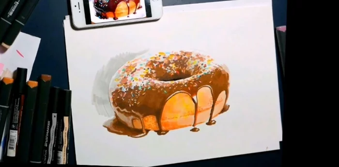 I draw a donut, juicy, powerful))) Markers, pens, pencils - My, Artist, Drawing, Painting, Sketch, Sketchbook, Таймлапс, Needlework with process, Illustrations, Marker, Pen, Education, Colour pencils, Beginner artist, Sketch, Drawing process, Pencil drawing, Donuts, Video, Longpost