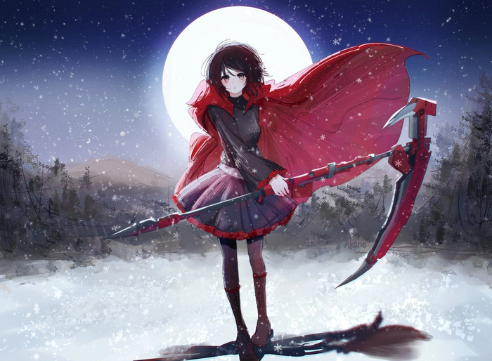 Ruby RWBY, Ruby Rose, Anime Art, Аниме, Арт, Луна, Коса