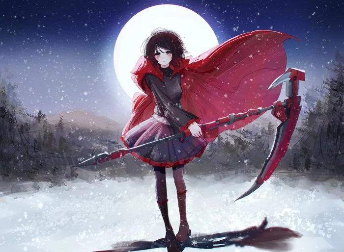 ruby - RWBY, Ruby rose, Anime art, Anime, Art, moon, Scythe