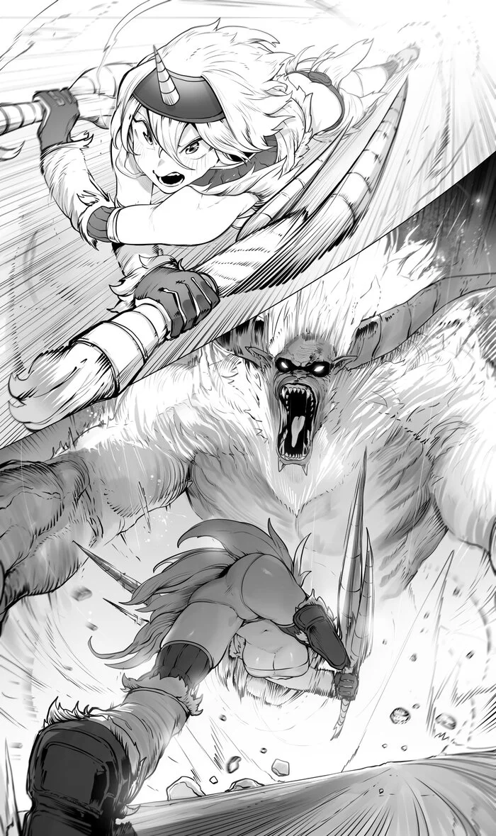 An epic battle! - NSFW, Niwarhythm, Art, Anime, Anime art, Games, Monster hunter, Longpost