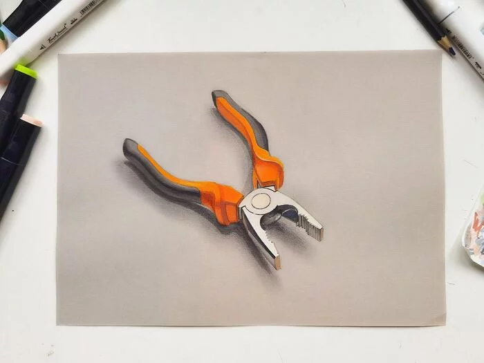 I draw pliers)) from the table in PHOTOREALISM with markers and pencils, a 2-hour tie-snap for 2 minutes - My, Painting, Artist, Illustrations, Sketch, Sketch, Colour pencils, Pen drawing, Beginner artist, Sketchbook, Watercolor, Graphics, Drawing process, Art, Concept, Needlework with process, Drawing, Procreate, Traditional art, Pliers, Video, Longpost