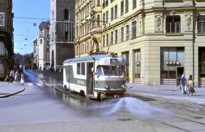 My city - The photo, Brno, Tram, Street cleaning, Sprinkler, Czech, 1990