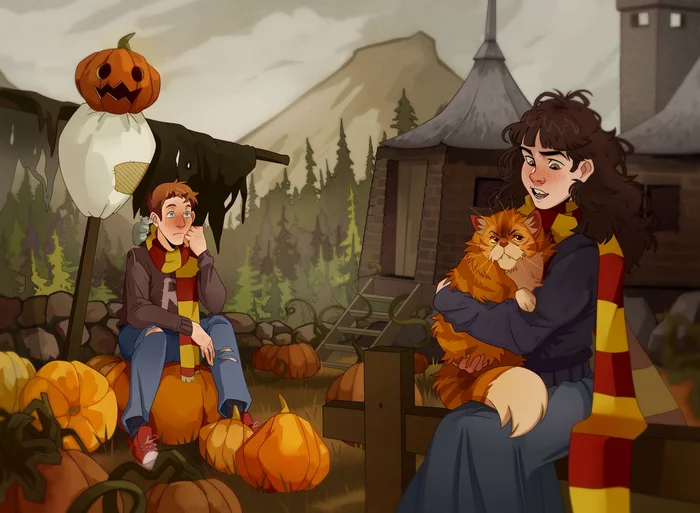 Autumn - Hagrid, Pumpkin, Hermione, Ron Weasley, Scarecrow, Crookshanks