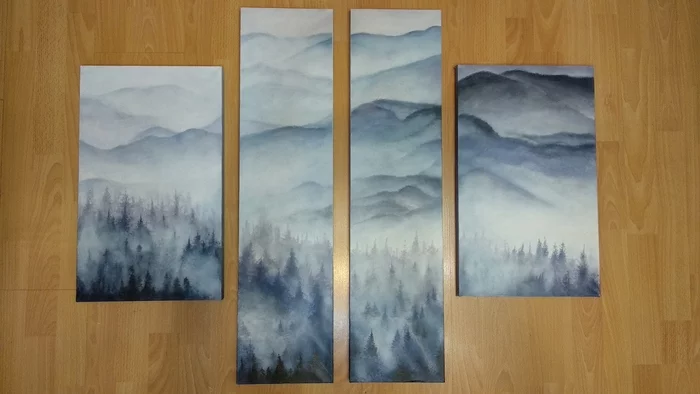 Modular painting Fog - My, Creation, Painting, Painting, With your own hands, Fog, The hills, Forest, Longpost