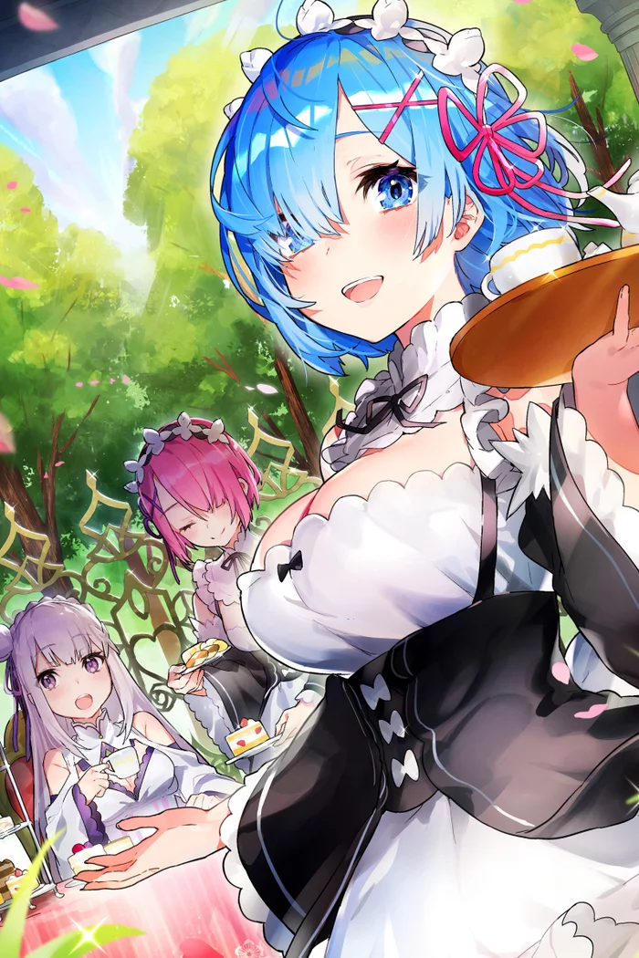 tea drinking - Art, Anime, Anime art, Mika pikazo, Re: Zero Kara, Ram (Re: Zero Kara), Emilia, Girls, Housemaid, Tea drinking