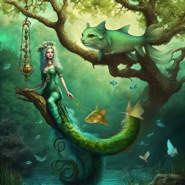 Lukomorye has a green oak ... - Нейронные сети, Art, Fantasy, Mermaid, cat, A fish, Midjourney