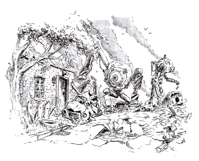 Drawing without a pencil sketch - My, Pen drawing, Graphics, Drawing, Ink, Brush, Robot, Fantasy, Destruction, Exoskeleton, The soldiers, Village, Video, Vertical video, Longpost