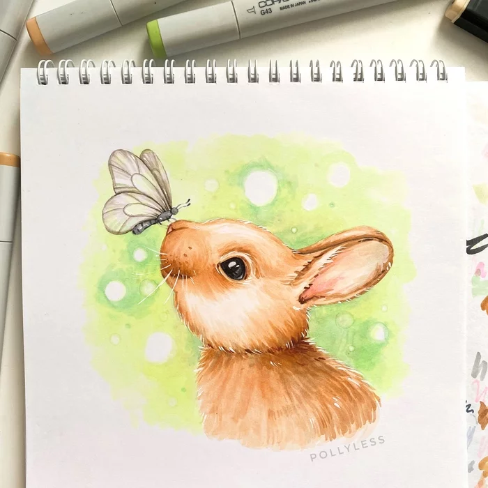 Rabbit and Butterfly - My, Rabbit, Alcohol markers, Marker, Painting, Artist, Illustrations, Animalistics, Art