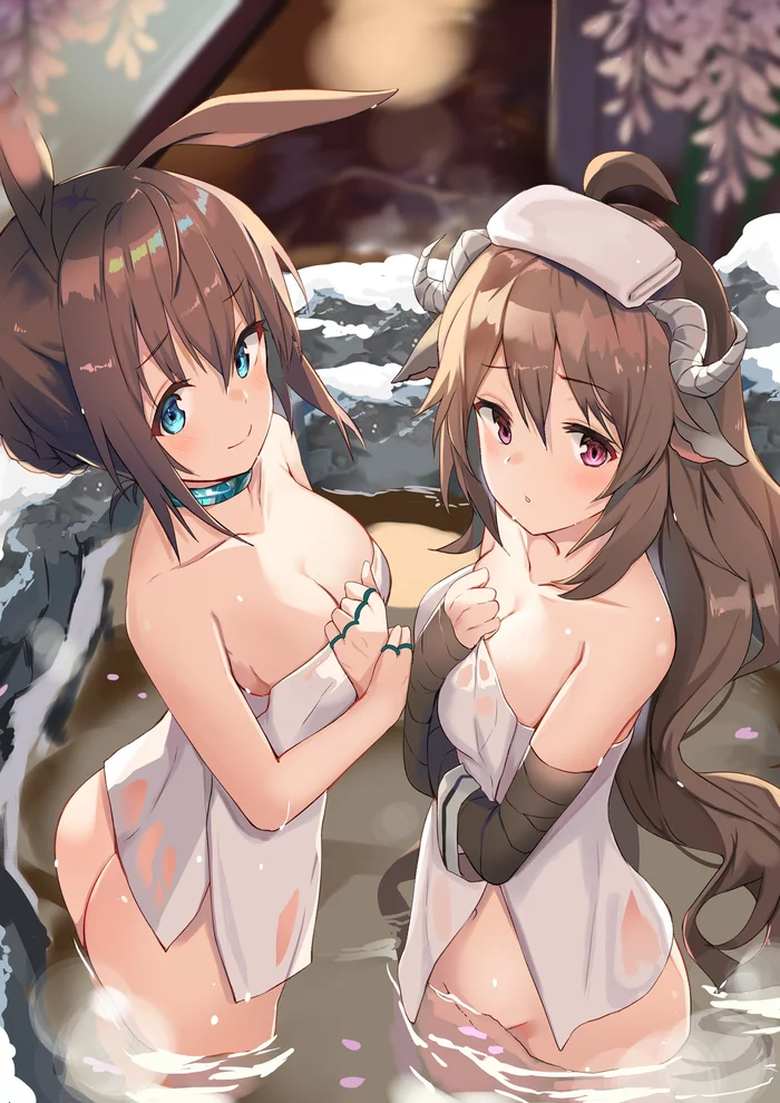 The hot springs - NSFW, Anime art, Anime, Amiya, Eyjafjalla, Arknights, Dobutsu, Animal ears