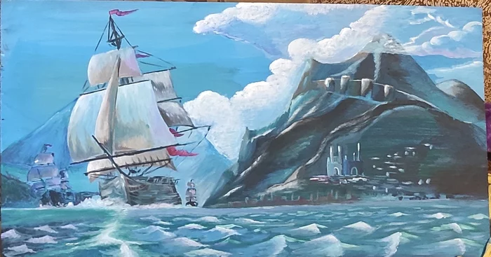 The sea, ships and the heart sways - My, Sea, Ship, Acrylic, Island, Painting, Painting