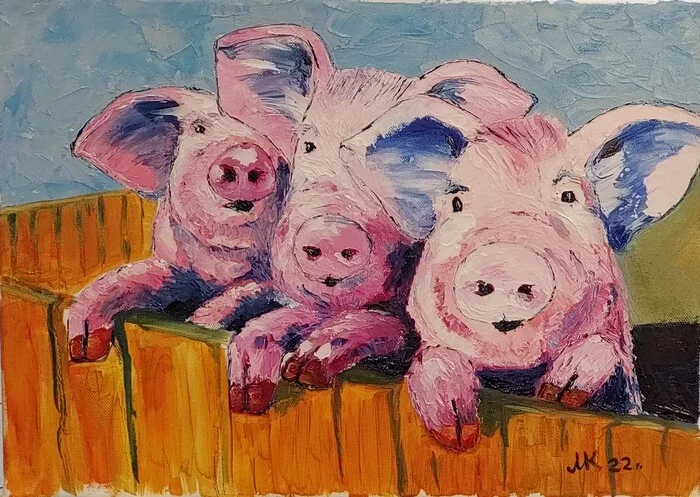 Brand new bastards - My, Piggy, Pig, Piglets, Palette knife, Painting, Oil painting, Longpost