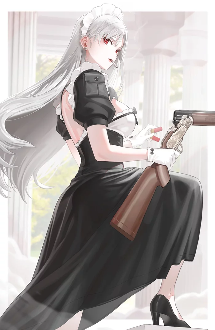 Master, there are crooks climbing over the fence ... - Anime, Anime art, Original character, Housemaid, Gun, Kfr