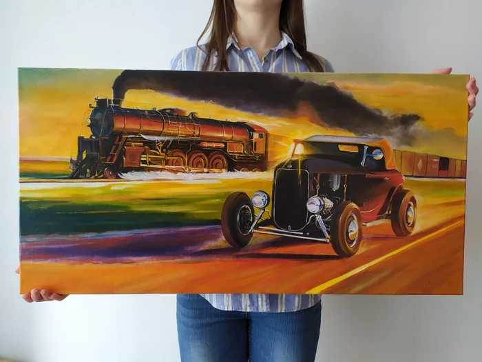 Painted a reproduction of a painting by T. Fritz. HM 40+x - My, Oil painting, Hot rod, Painting, Artist, Longpost