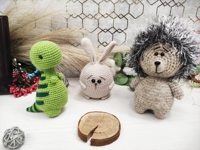 Friends - My, Needlework without process, Crochet, Handmade, With your own hands, Dinosaurs, Tyrannosaurus, The Dragon, Hedgehog, Hare, Rabbit, Poems, Children's poems, Longpost, Toys