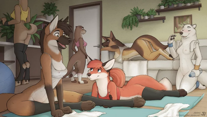 Exercise day - NSFW, Фурри, Антро, Арт, Furotica, Furry Fox, Furry Otter, Furry Dog, Furry deer, Jishinu