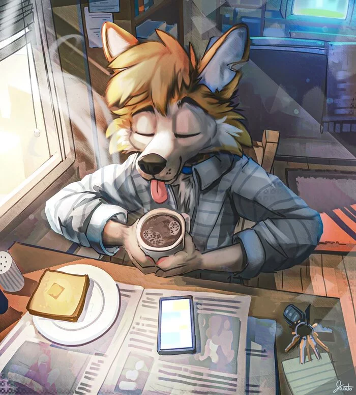 Morning coffee - Furry, Furry canine, Furry dog, Jacato, Coffee, Sleepiness, Morning, Art, Furry art, Blep