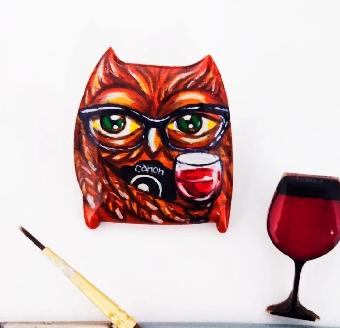 Owl with wine - My, Owl, Brooch, Painting on wood, Needlework without process, Painting