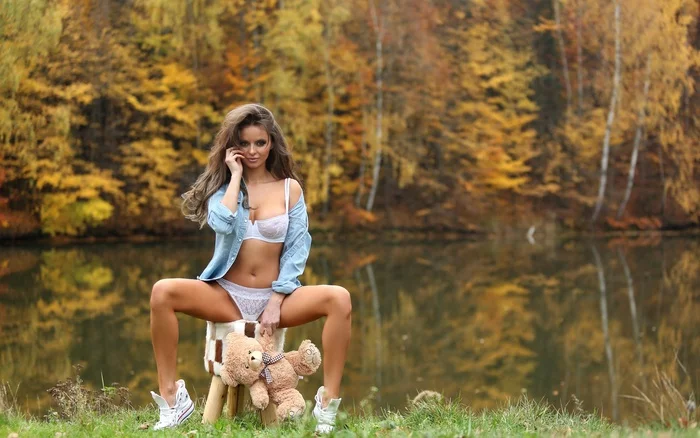 Nice and cute! - NSFW, Girls, Erotic, Underwear, Nature, Forest, Lake, beauty, Toys, Teddy bear
