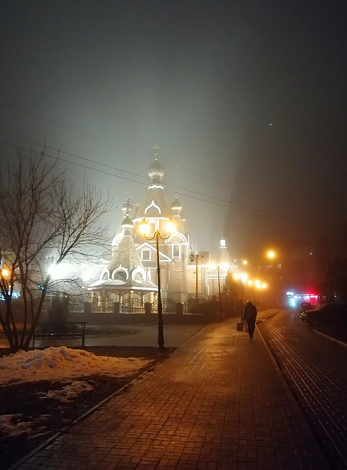 Fog - My, Mobile photography, Fog, Church, Autumn, No filters, Night