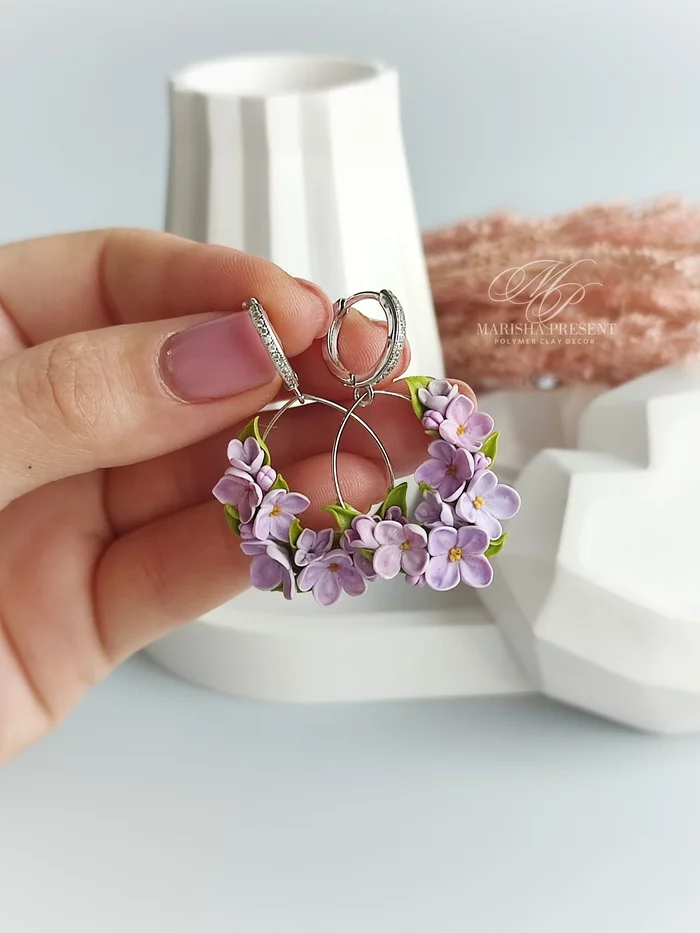 Earrings with lilac flowers - My, Needlework without process, Handmade, Needlework, Polymer clay, Лепка, Earrings, Lilac flowers, Lilac, Longpost, Decoration