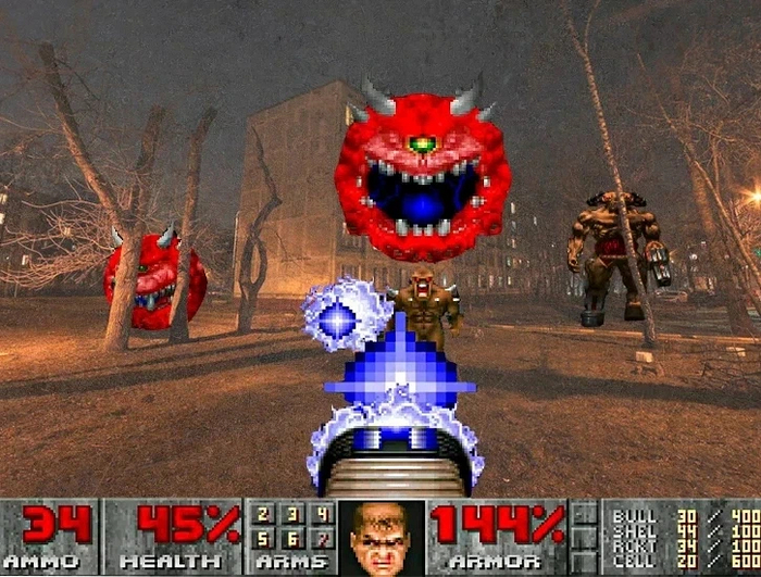 Doom во дворе Doom, 90-е, Компьютерные игры, Ретро-игры, Doomguy, Хрущевка, Коллаж, Пиксель, ID Software, Doom 2, Окраина, Шутер