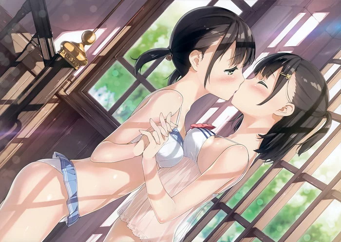 Kissu - NSFW, Anime, Anime art, Girls, Drawing, Pixiv, Yuri, Kantoku, 5 nenme no houkago, Side view, Kiss, Brunette, Underwear, Original character, Himeru (Kantoku), Akemi (Kantoku)